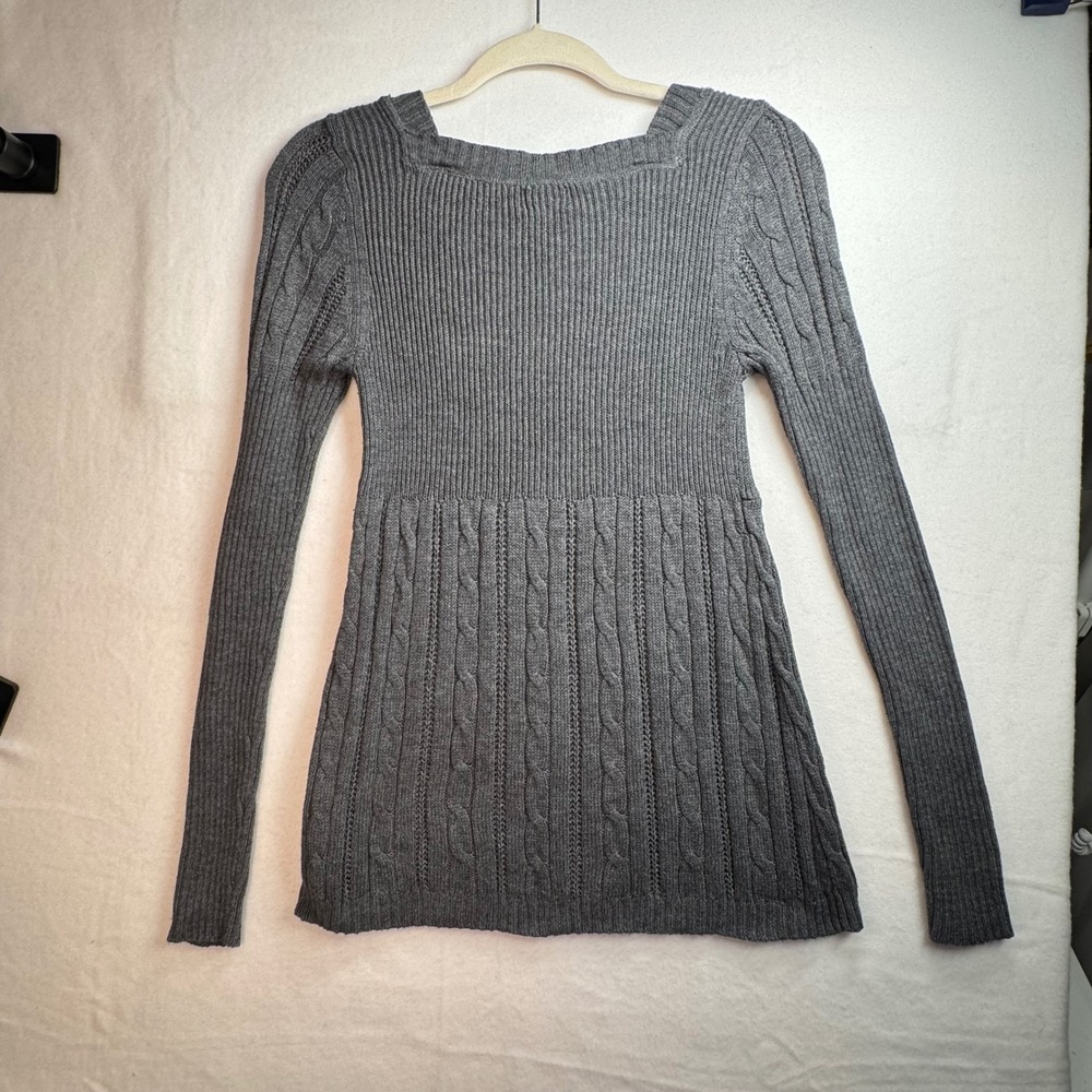 Gray Y2K Cable Knit Babydoll Sweater Bella Swan Vibe Rabbit Hair Blnd Womens M - Picture 2 of 7